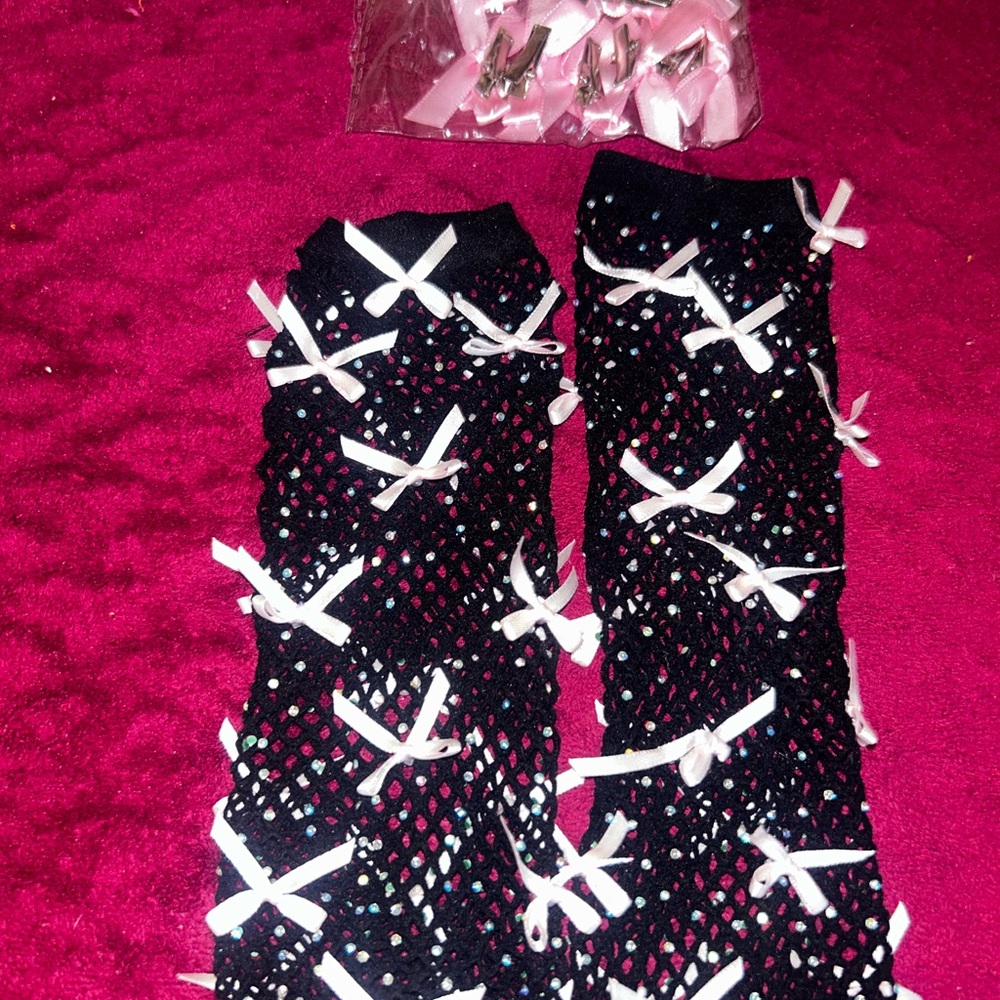 Black Fishnet gloves with pink Bows